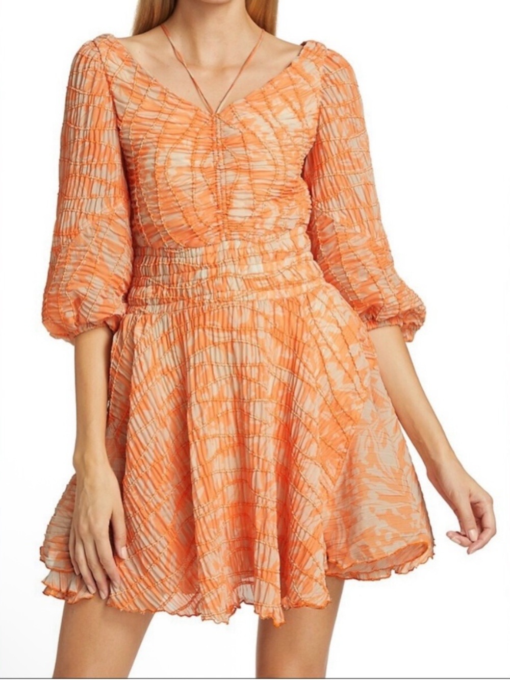 Jonathan Simkhai Lena Shirred Chiffon Puff Sleeve Mini Dress